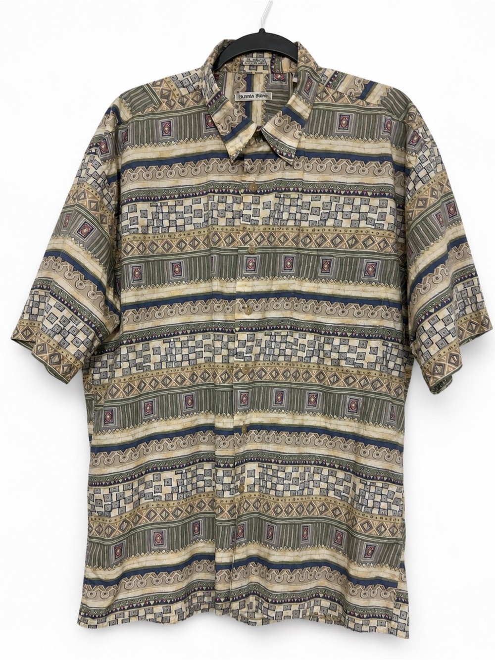 Vintage Burma Bibas Men’s Cotton Lawn Geometric Abstract Short Sleeve Shirt